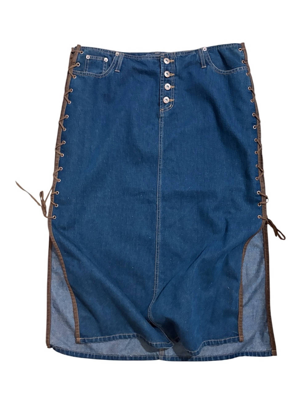 Route 66 Blue Denim Midi Skirt with Brown Lace-Up corset Sides